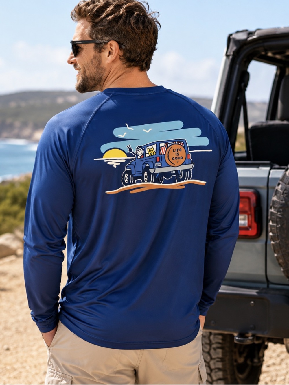 Life is Good Men’s XL Jeep UPF 50+ Long Sleeve Swim Sun Shirt Blue NWT